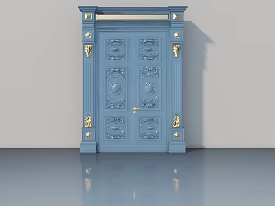 Elegant Blue Swing Door With Golden Decorations And Carved Patterns 3d model