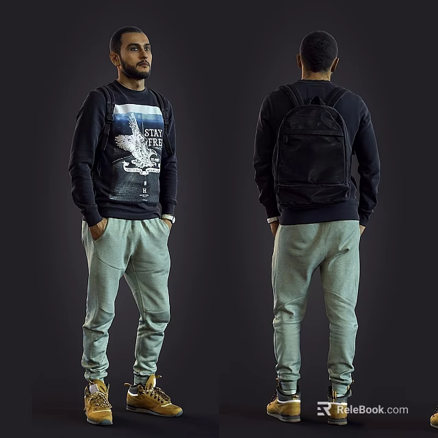 Two Men Wearing Black Sweatshirts Light Gray Pants and Black Backpacks Against Gray Background 3d model 