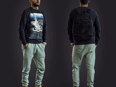 Two Men Wearing Black Sweatshirts Light Gray Pants and Black Backpacks Against Gray Background 3d model