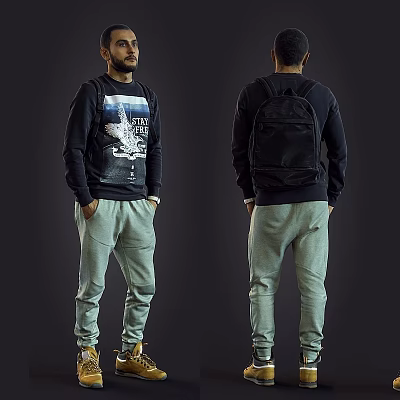 Two Men Wearing Black Sweatshirts Light Gray Pants and Black Backpacks Against Gray Background 3d model