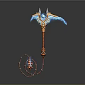 Ornate Mythical Weapon With Blue Winged Spikes And Orange Decorative Handle