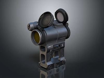 Black Trijicon Scope With Lens Covers And Mounting Bracket On Reflective Surface 3d model