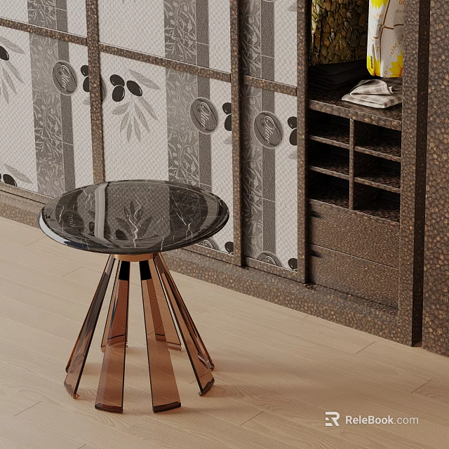 Elegant Side Table With Marble Top And Golden Metal Legs Near Patterned Cabinets 3d model 