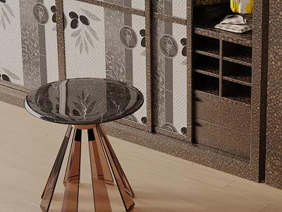 Elegant Side Table With Marble Top And Golden Metal Legs Near Patterned Cabinets 3d model