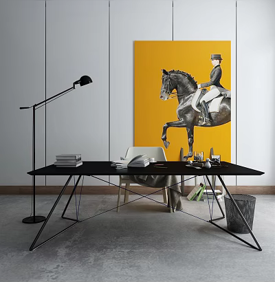 Stylish Black Desk with Floor Lamp Yellow Horse Painting Books Stationery and Chair 3d model
