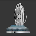 Future Architecture Design With Streamlined Tall Towers And Wavy Water Pool Base 3d model