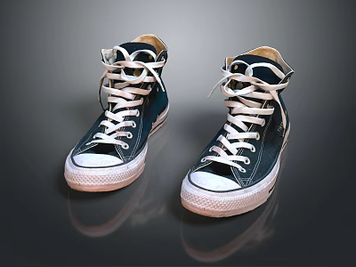 Pair of High Top Canvas Shoes in Black With White Laces and White Sole 3d model