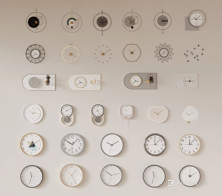 Various Decorative Clocks With Different Shapes And Designs On Wall 3d model