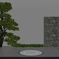 Building Exterior Wall With Natural Stone Cladding Pine Tree Green Grass And Circular Decorative Floor Pattern 3d model