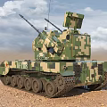 Military Functional Vehicle Featuring Twin Cannons Radar Camouflage Paint XT003 Red Star On Desert Terrain
