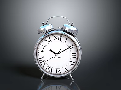 Silver Dual Bell Alarm Clock Featuring White Dial Roman Numerals SHANZ On Dark Background 3d model