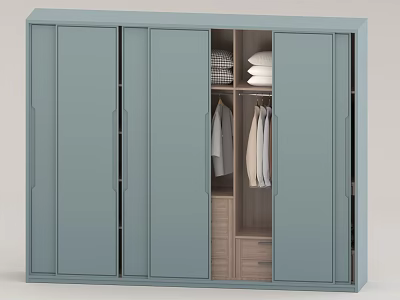 Modern Light Blue Wardrobe With Sliding Doors Featuring Hanging Clothes Folded Linen And Storage Drawers 3d model