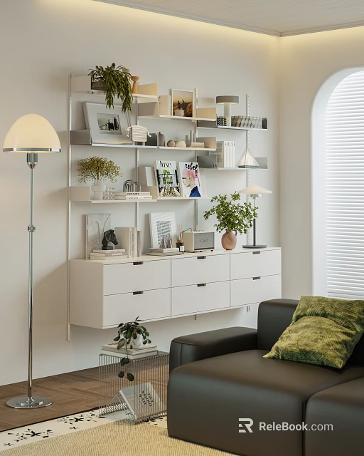 Modern Interior Wall Mounted Shelf Cabinet with Plants Magazines and Drawers 3d model 