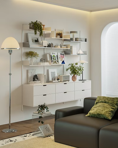 Modern Interior Wall Mounted Shelf Cabinet with Plants Magazines and Drawers 3d model
