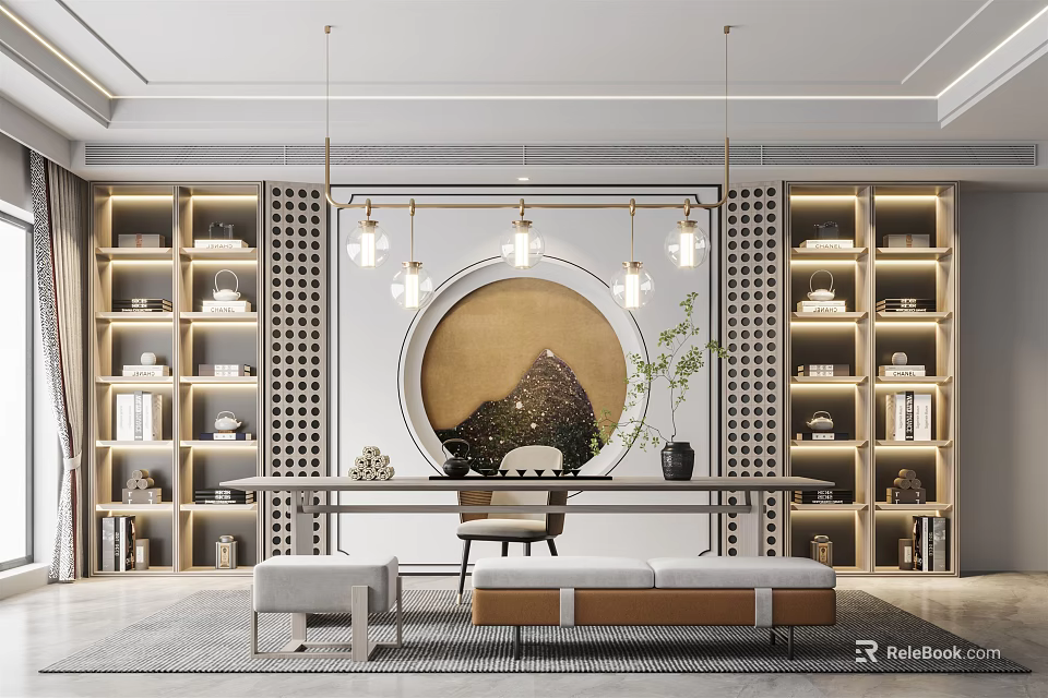 Traditional Tea Room Interior Design With Wooden Shelves Tea Table And Decorative Painting 3d model 