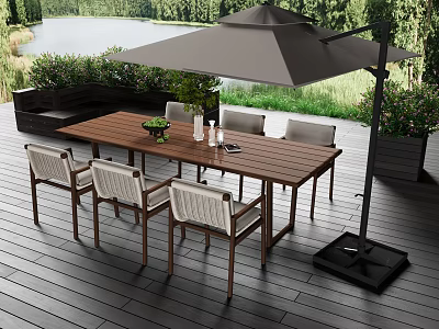 Outdoor wooden table and chairs set with white back large umbrella by lake view greenery 3d model