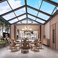 Modern Restaurant Interior With Glass Roof Open Space Wooden Tables Green Plants And Natural Light