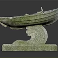 Gray Stone Boat Sculpture on Decorative Wave Pattern Base with Textured Surface
