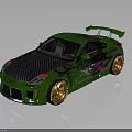 Green Sports Car with Carbon Fiber Hood Pink Graphics Rear Spoiler and Orange Wheels