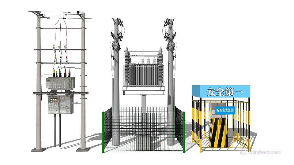 Industrial Power Equipment With Transformer Poles Protective Fence And Safety Signage 3d model 