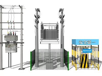 Industrial Power Equipment With Transformer Poles Protective Fence And Safety Signage 3d model