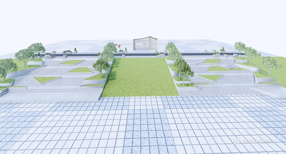 Modern Outdoor Stairs With Green Lawn Symmetric Trees And Paved Plaza 3d model 