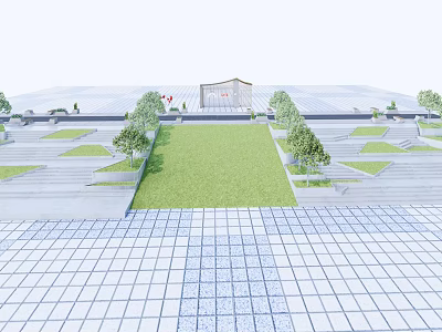 Modern Outdoor Stairs With Green Lawn Symmetric Trees And Paved Plaza 3d model