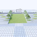 Modern Outdoor Stairs With Green Lawn Symmetric Trees And Paved Plaza