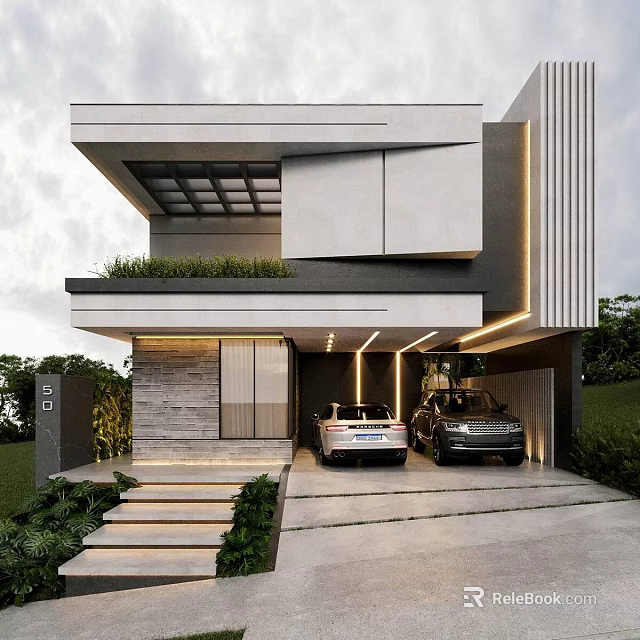 Modern Detached Villa Exterior Design Featuring Greenery Double Garage Lighting Stone Wall And Steps 3d model 
