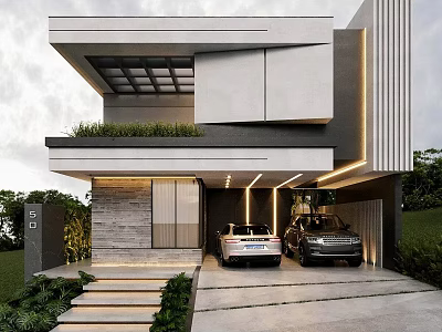 Modern Detached Villa Exterior Design Featuring Greenery Double Garage Lighting Stone Wall And Steps 3d model