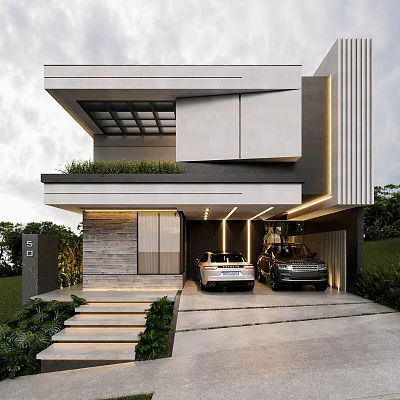 Modern Detached Villa Exterior Design Featuring Greenery Double Garage Lighting Stone Wall And Steps 3d model