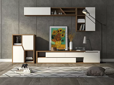 Modern TV Stand With Storage Cabinets And Decorative Artwork On Wall 3d model