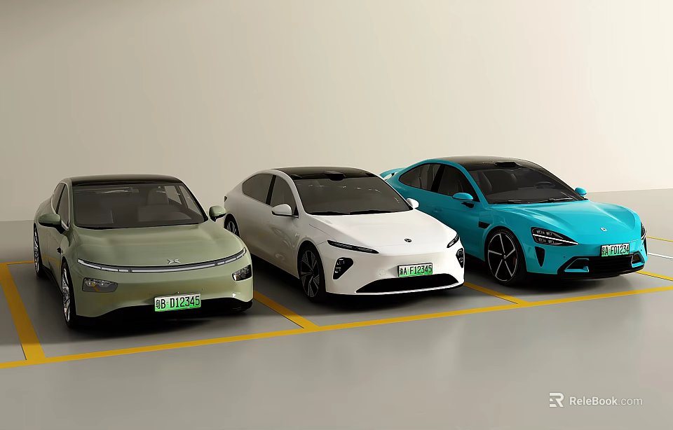 Green White Blue Electric Cars Parked In Modern Parking Lot With Clean Design 3d model 