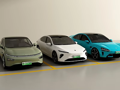 Green White Blue Electric Cars Parked In Modern Parking Lot With Clean Design 3d model