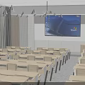 Bright Modern School Classroom With Large Screen Projector Wooden Desks And Chairs