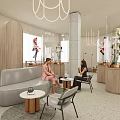 Modern Lounge Area Interior Design With Grey Sofa Wooden Display Cases Mannequins And Hanging Lights