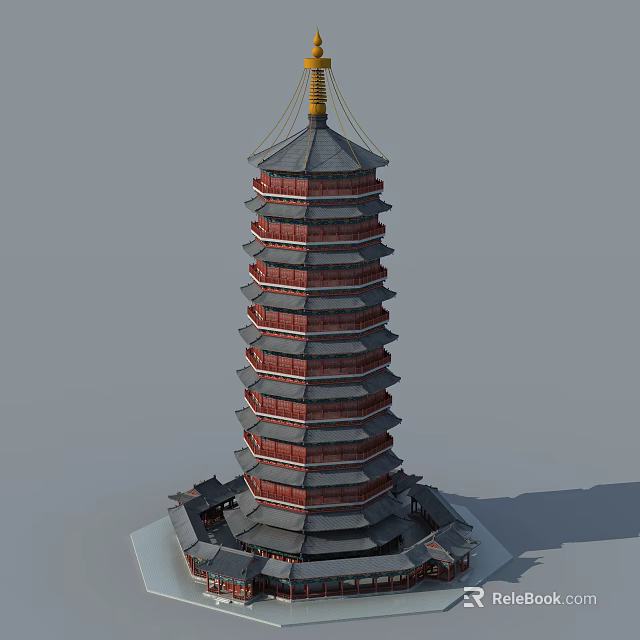 Traditional Chinese Multi Tiered Pagoda With Red Gray Exteriors And Golden Top Decoration 3d model 