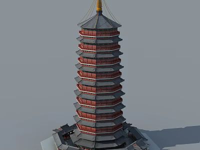 Traditional Chinese Multi Tiered Pagoda With Red Gray Exteriors And Golden Top Decoration 3d model