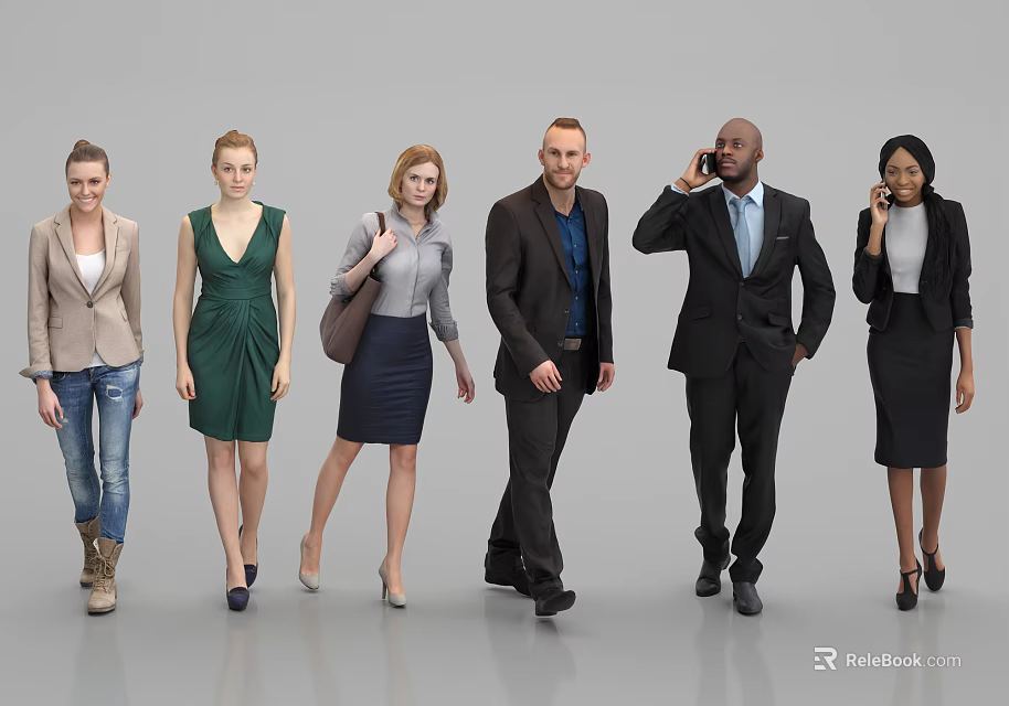 Group of Diverse People Walking Together in Formal Business Attire 3d model 