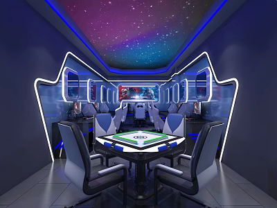 Modern Gaming Cafe Interior With Starry Sky Ceiling Neon Lights And Gaming Chairs 3d model