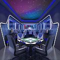 Modern Gaming Cafe Interior With Starry Sky Ceiling Neon Lights And Gaming Chairs