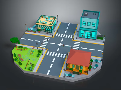 Cartoon City Scene With Crossroads Colorful Buildings Park Trees And Street Lamps 3d model