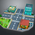 Cartoon City Scene With Crossroads Colorful Buildings Park Trees And Street Lamps