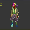 3D Animated Character Model With Blue Top Black Pants And Staff Standing On Red Platform Block