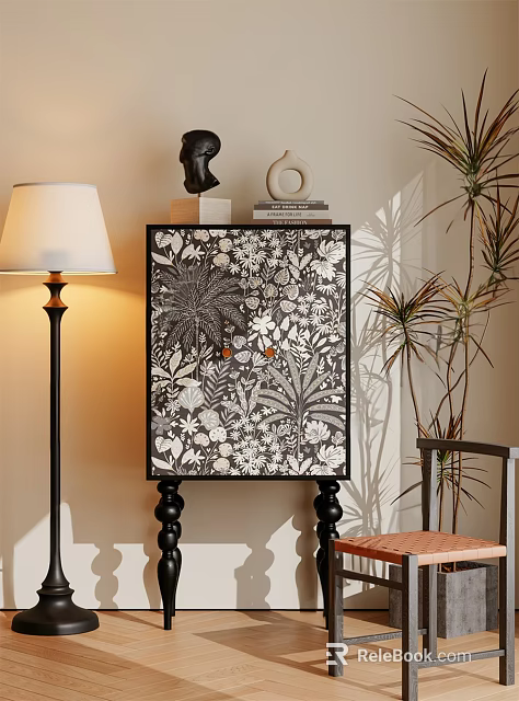 Decorative Entryway Side Cabinet With Floral Foliage Pattern And Floor Lamp Plant In Interior Decor 3d model 