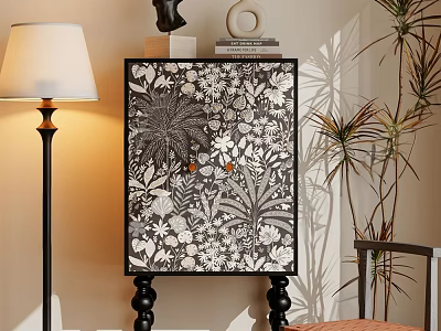 Decorative Entryway Side Cabinet With Floral Foliage Pattern And Floor Lamp Plant In Interior Decor 3d model