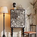 Decorative Entryway Side Cabinet With Floral Foliage Pattern And Floor Lamp Plant In Interior Decor