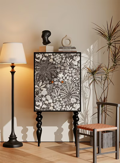 Decorative Entryway Side Cabinet With Floral Foliage Pattern And Floor Lamp Plant In Interior Decor 3d model