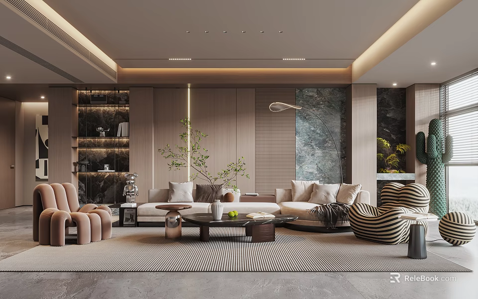 Modern Living Room Interior With Neutral Tones And Stylish Furniture 3d model 