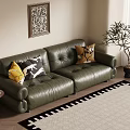 Green Leather Sofa With Colorful Throw Pillows Small Side Table Potted Plant And Geometric Rug